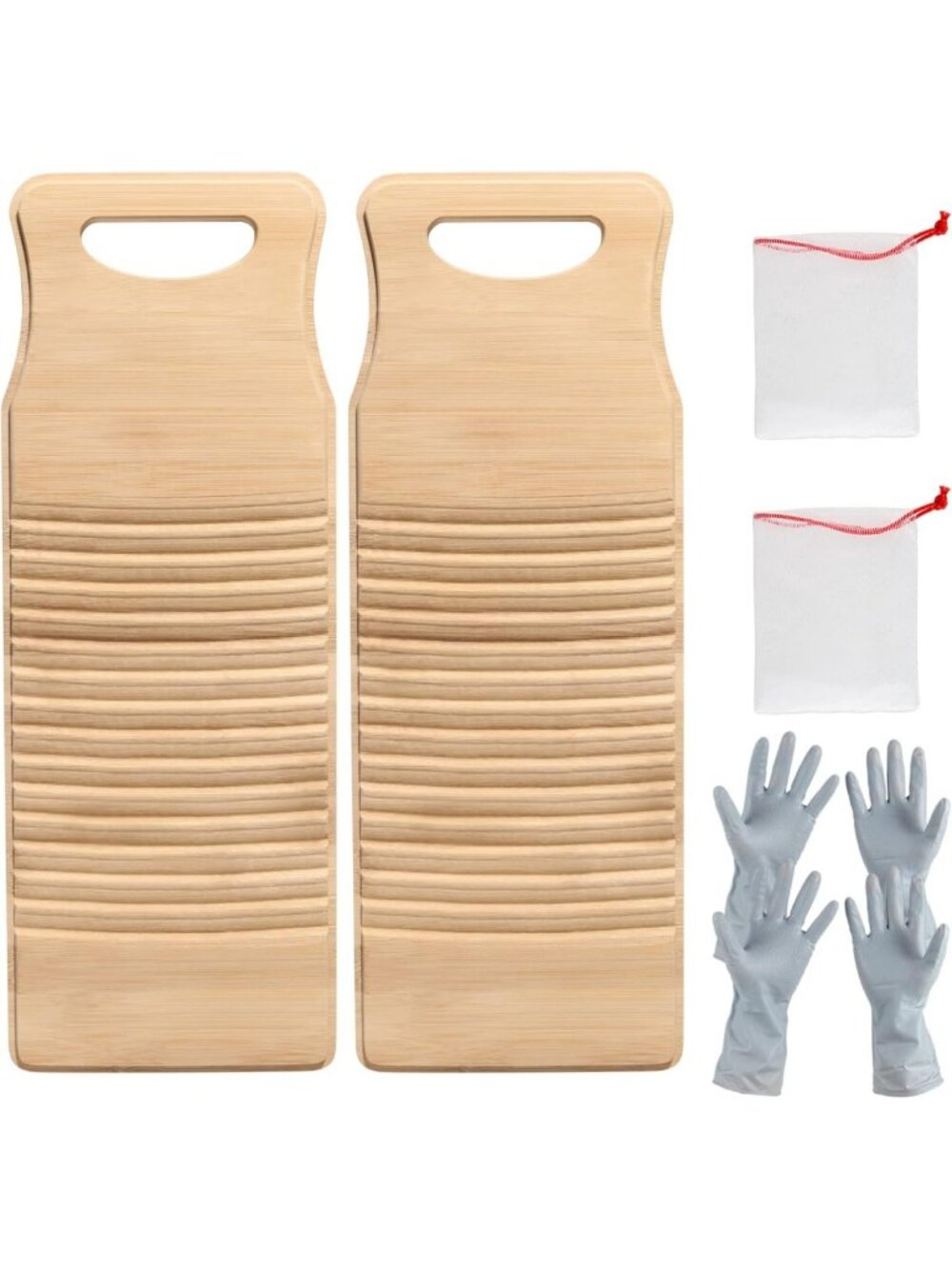 Bamboo Washboard Set - 2 Pack with Rubber Gloves & Soap Net for Easy Laundry